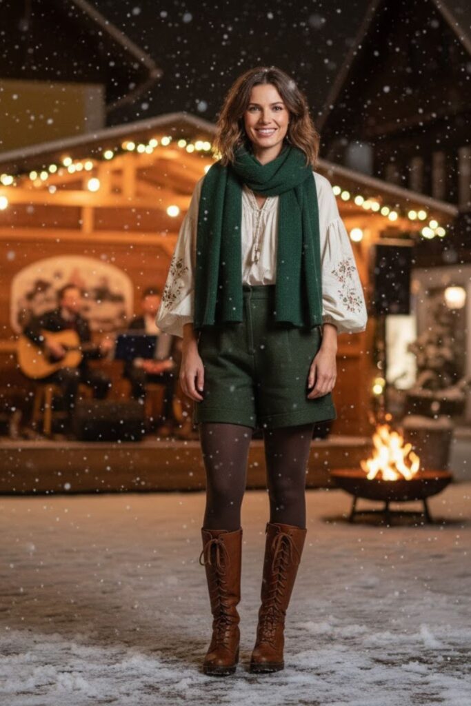 10. Flowy Long-Sleeve Blouse + Wool Shorts + Thick Tights + Lace-Up Boots