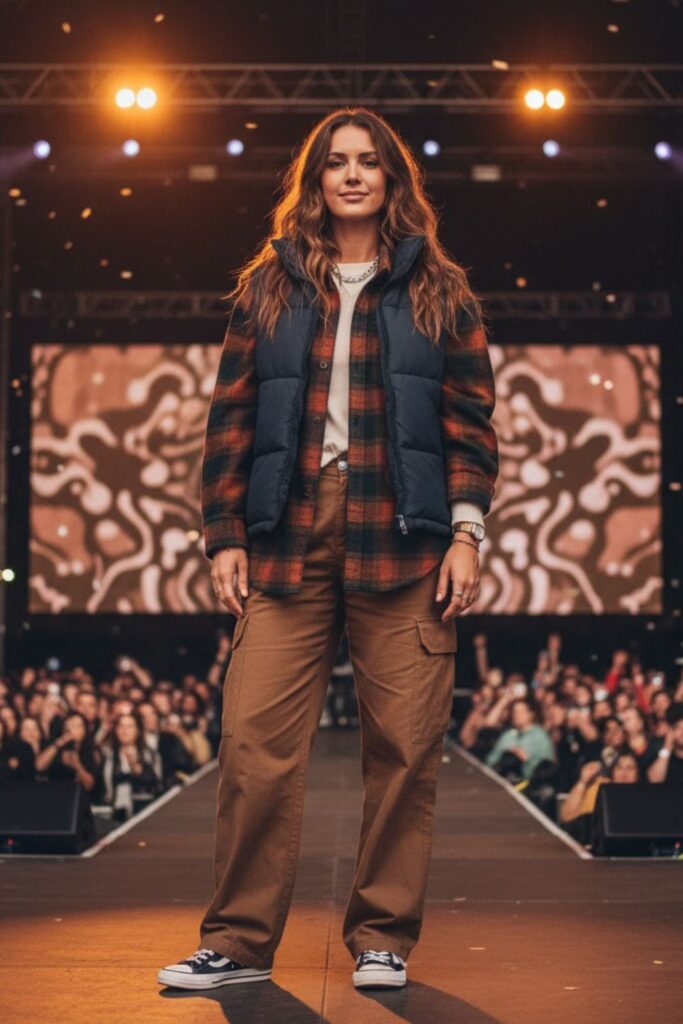 10. Heavy Flannel Shirt + Puffer Vest + Relaxed Cargo Trousers + Skate Sneakers