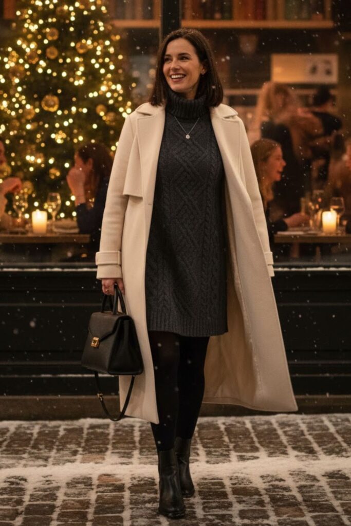 10. Knit Turtleneck Dress With Thick Tights and Chelsea Boots