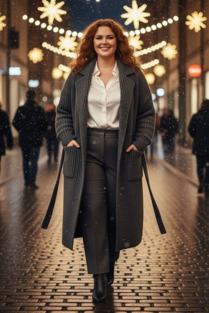 10. Long Cardigan with Belt and Dress Pants