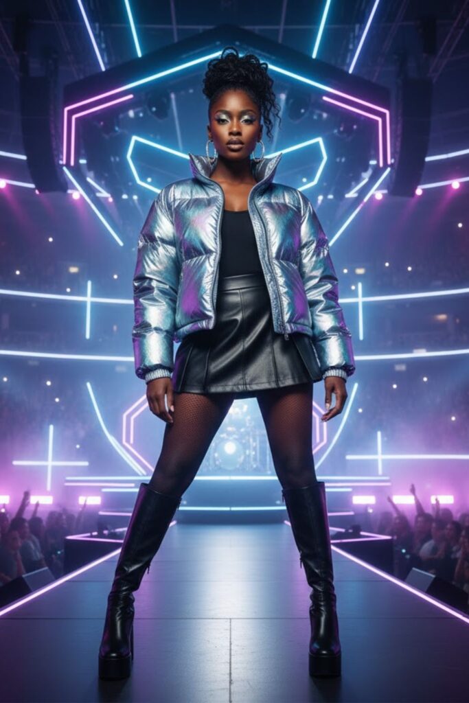 10. Metallic Puffer + Faux Leather Mini Skirt + Tights + Knee Boots