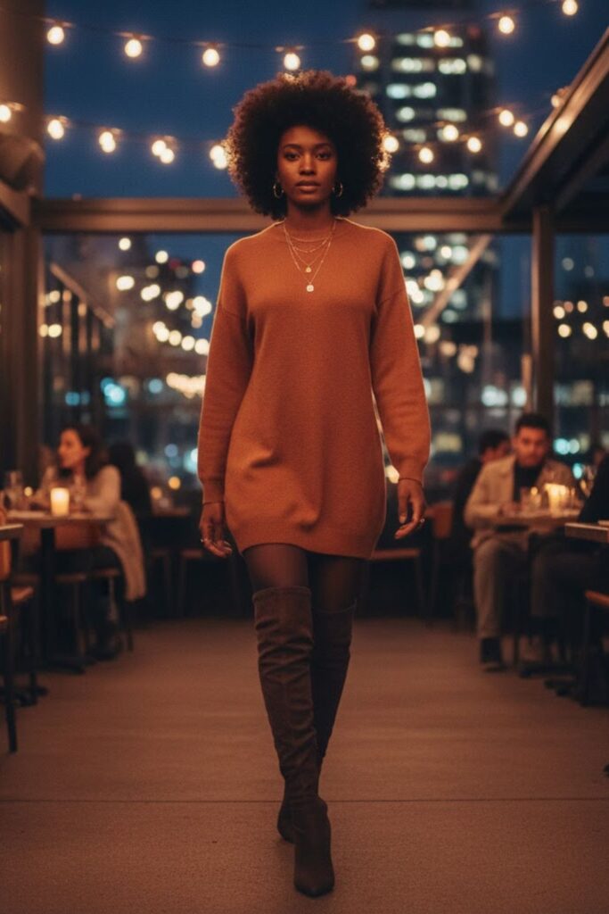10. Mini Sweater Dress with Tights and Over-the-Knee Boots