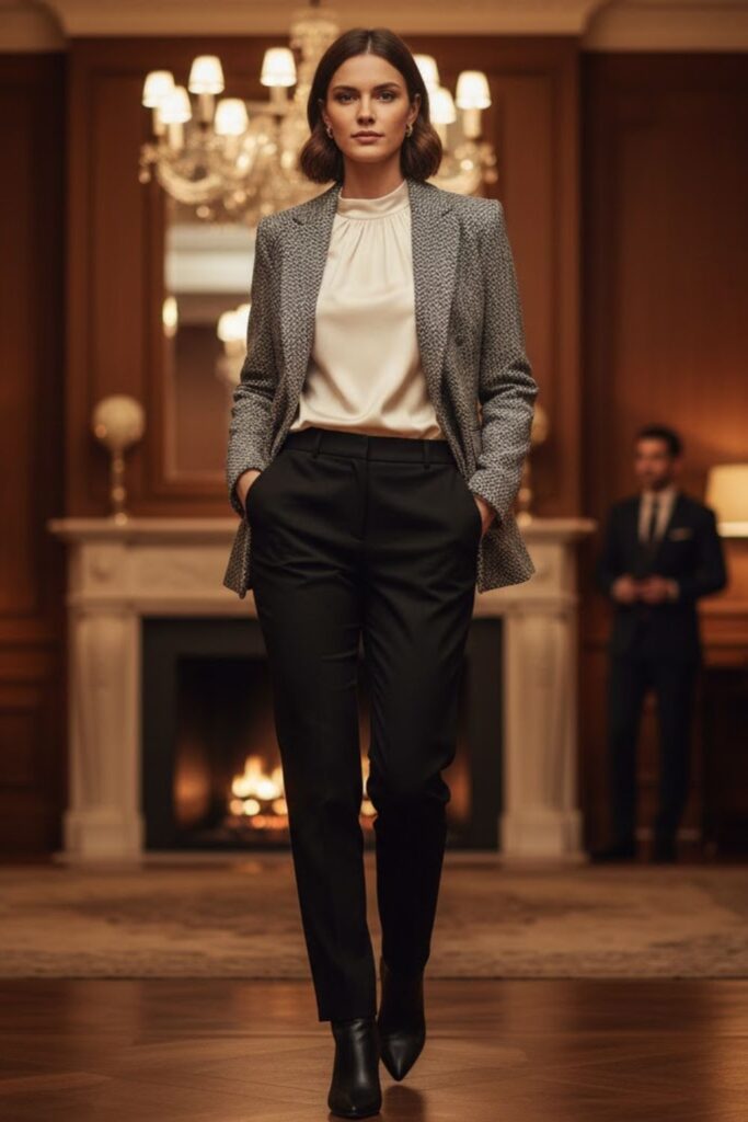 10. Tweed Blazer with a Simple Blouse and Straight-Leg Pants