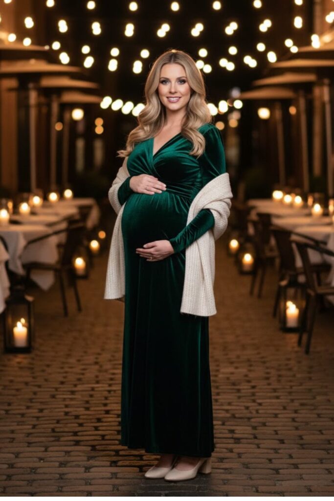 10. Velvet Maternity Dress with Shawl