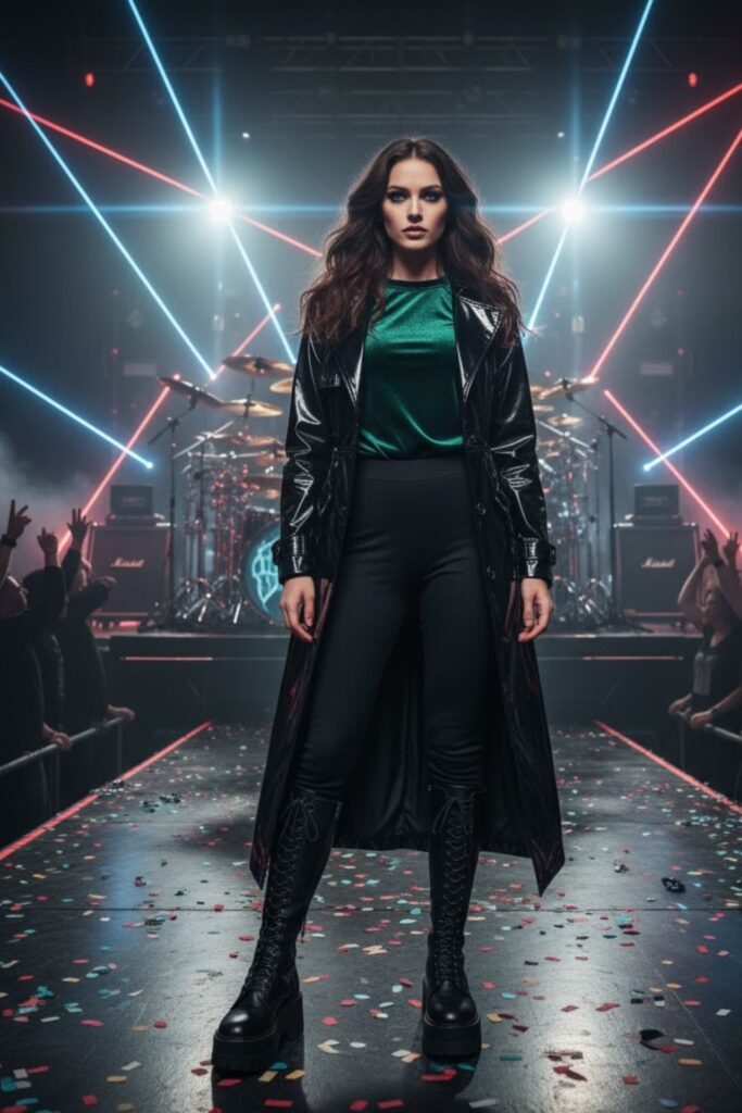 10. Vinyl Trench Coat + Velvet Top + Fleece-Lined Leggings + Knee Platforms