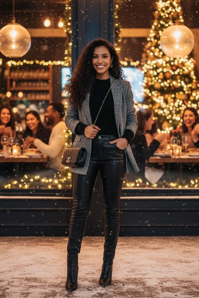 11. Blazer, Long-Sleeve Top, and Faux-Leather Pants