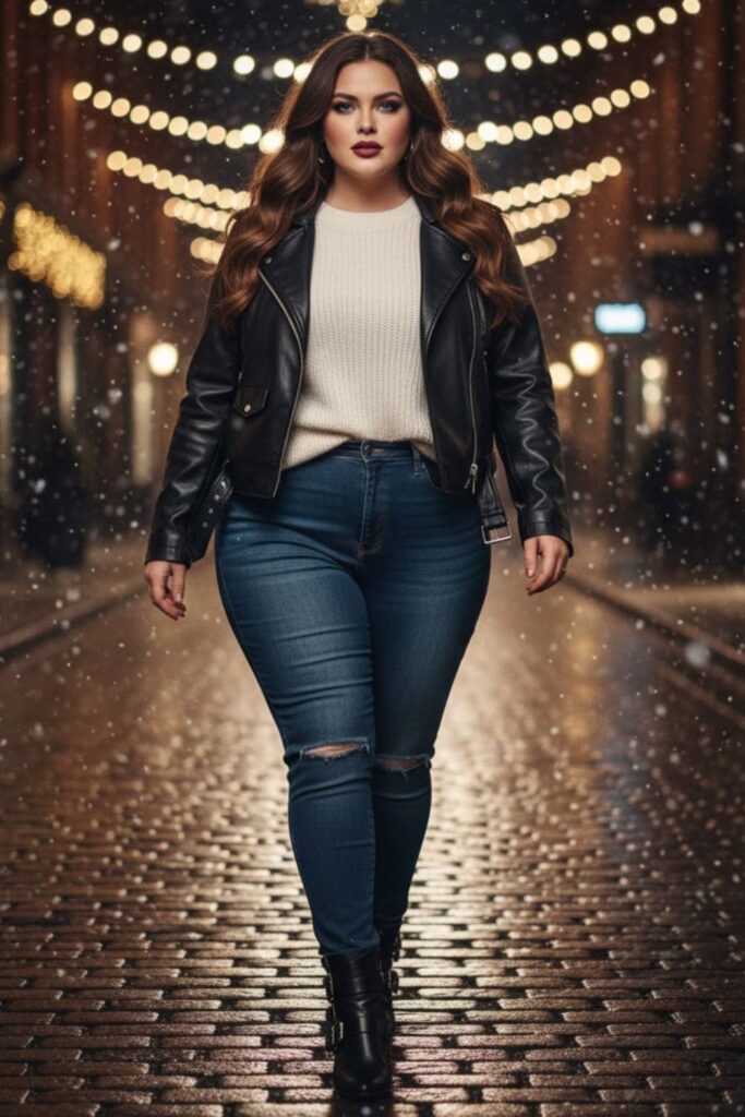 11. Faux Leather Jacket with Sweater and Jeans