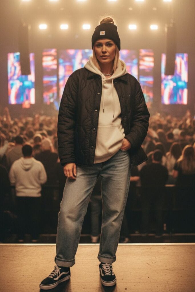 11. Hoodie + Quilted Liner Jacket + Baggy Denim + Low-Top Sneakers