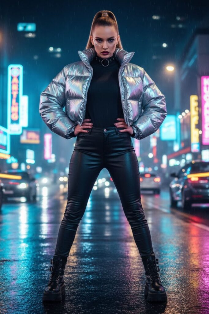11. Metallic Puffer Coat, Bodysuit, Leather Pants & Combat Boots