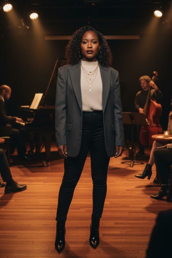 11. Oversized Blazer + Knit Top + Skinny Pants + Patent Booties