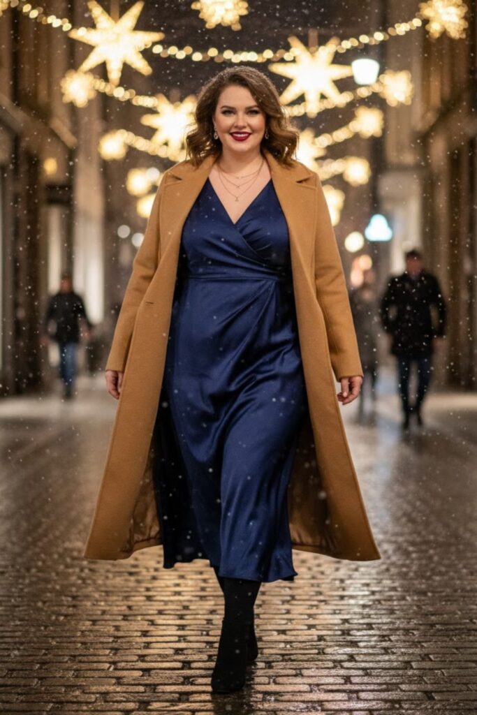 11. Satin Midi Dress with Wrap Coat