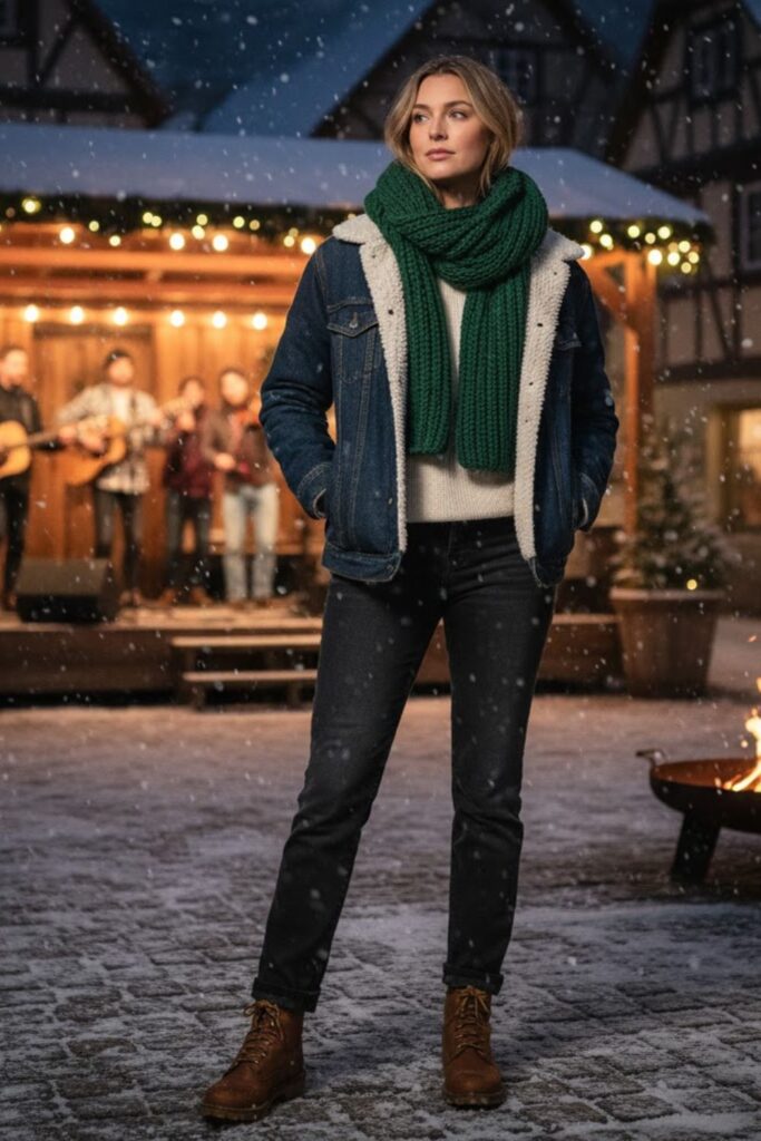 11. Sherpa-Lined Denim Jacket + Thermal Layer + Knit Scarf + Work Boots