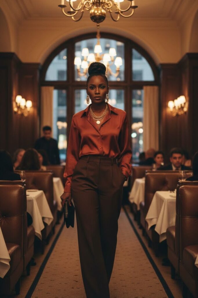 11. Silk Blouse with Wide-Leg Pants and Heels