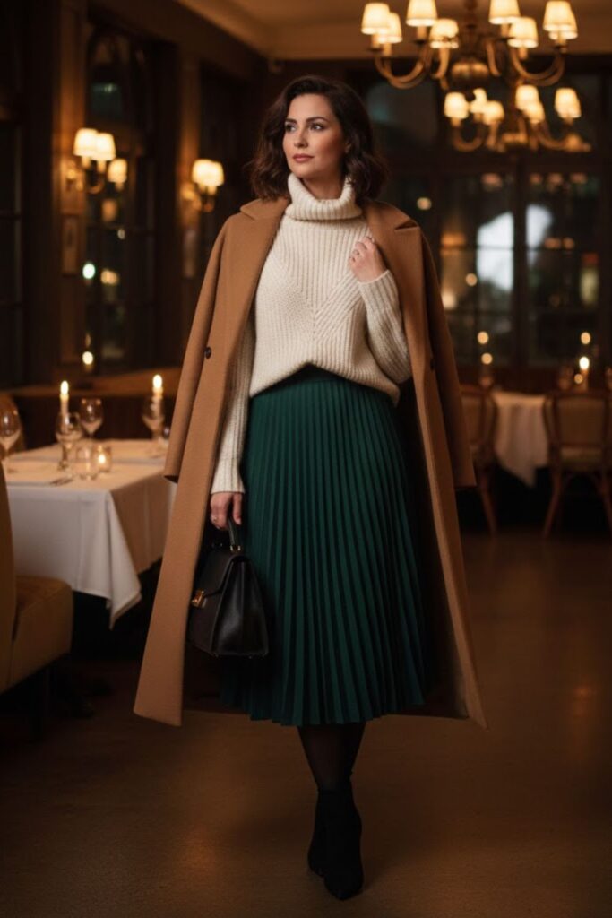 11. Turtleneck Sweater with a Pleated Skirt