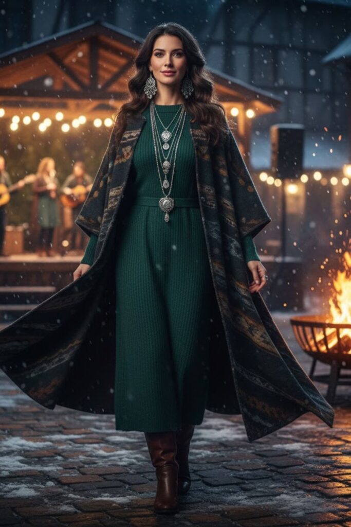 11. Wool Poncho or Cape + Thermal Dress + Knee Boots
