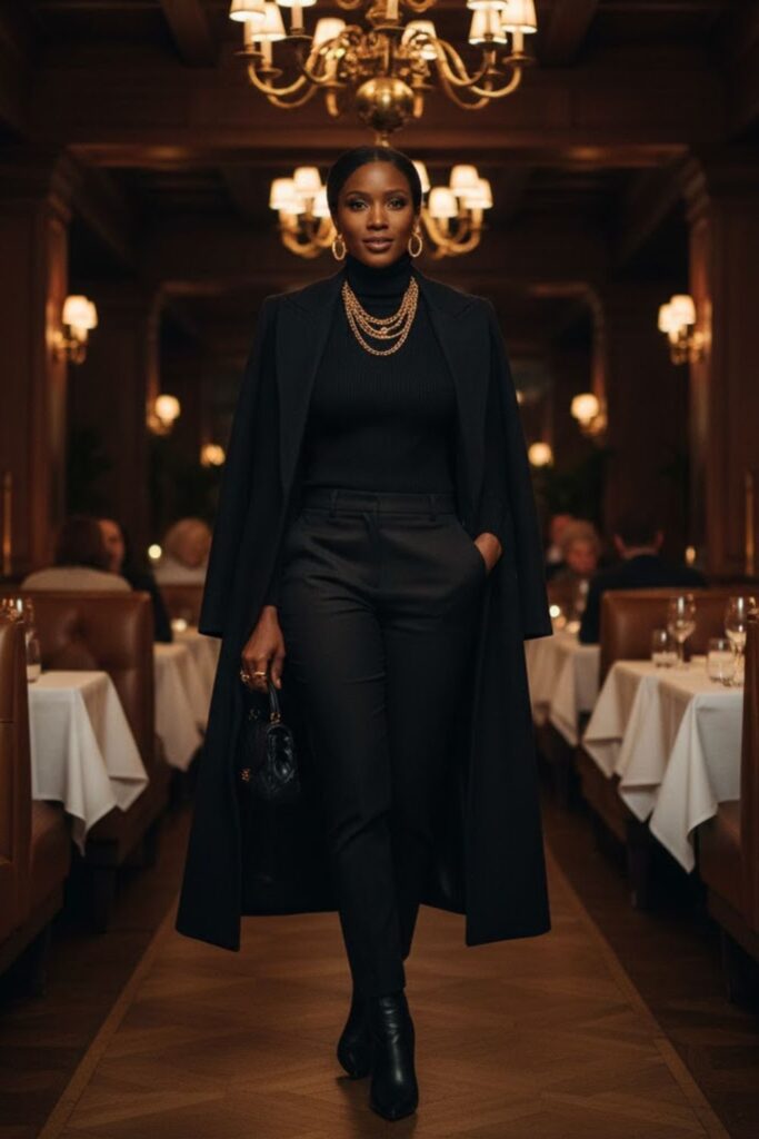 12. All-Black Monochrome Look with Gold Accessories