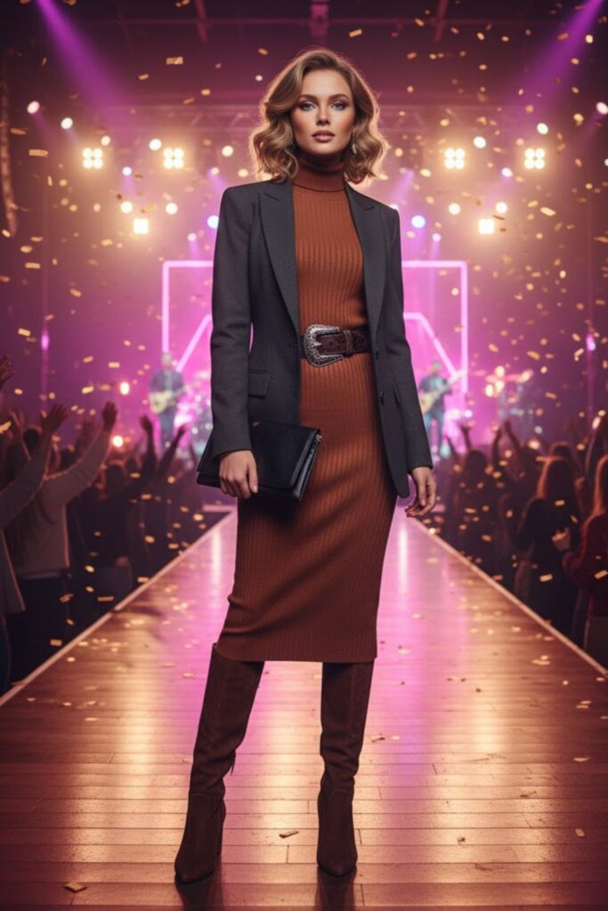 12. Blazer + Turtleneck Dress + Knee-High Boots + Statement Belt