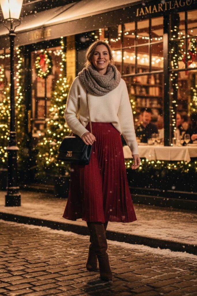 12. Chunky Scarf, Wool Sweater, and Midi Skirt