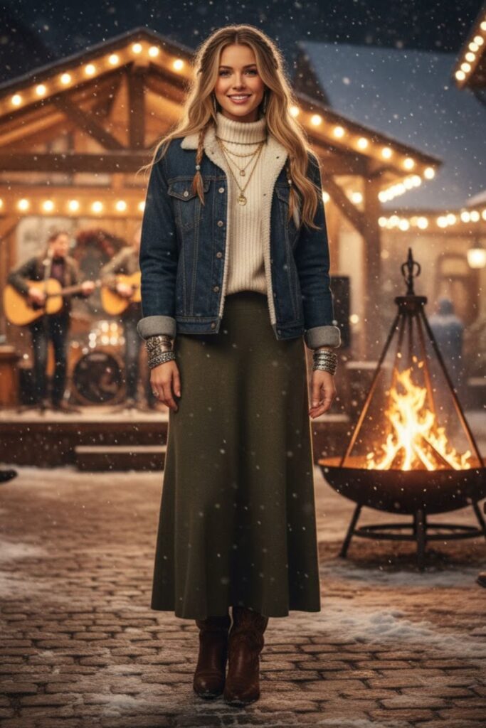 12. Denim Sherpa Jacket + Maxi Knit Skirt + Cowgirl Boots + Layered Bracelets