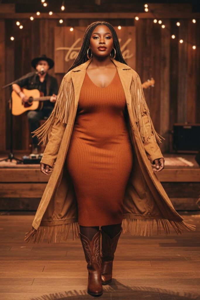 12. Fringe Jacket + Ribbed Dress + Cowboy Boots