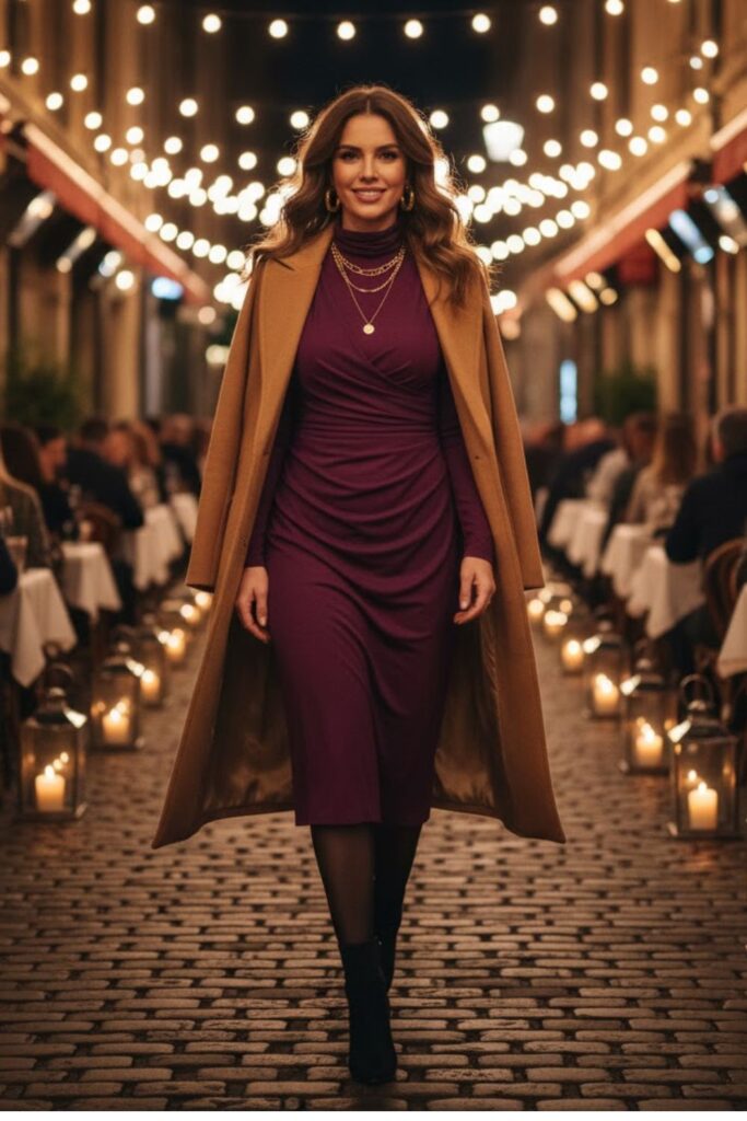 12. High-Neck Midi Dress with Statement Earrings