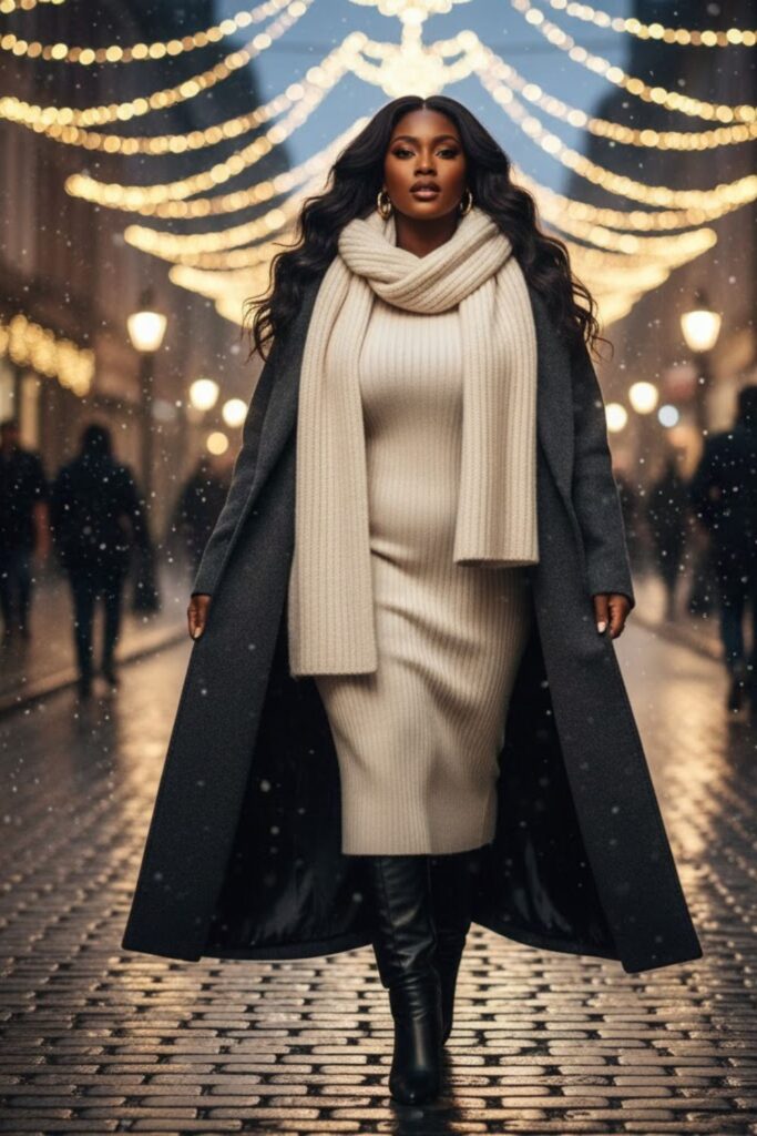 12. Maxi Coat with Sweater Dress and Scarf