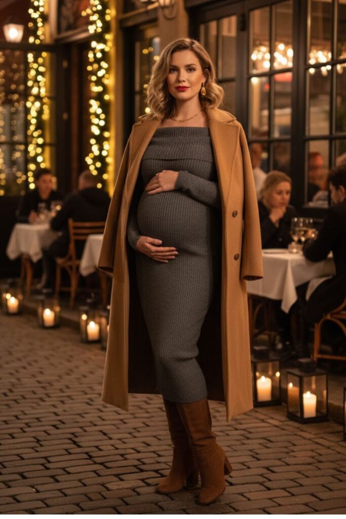 12. Off-Shoulder Knit Dress with Boots