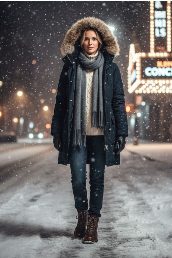 12. Parka Jacket + Cable-Knit Sweater + Straight Jeans + Insulated Boots