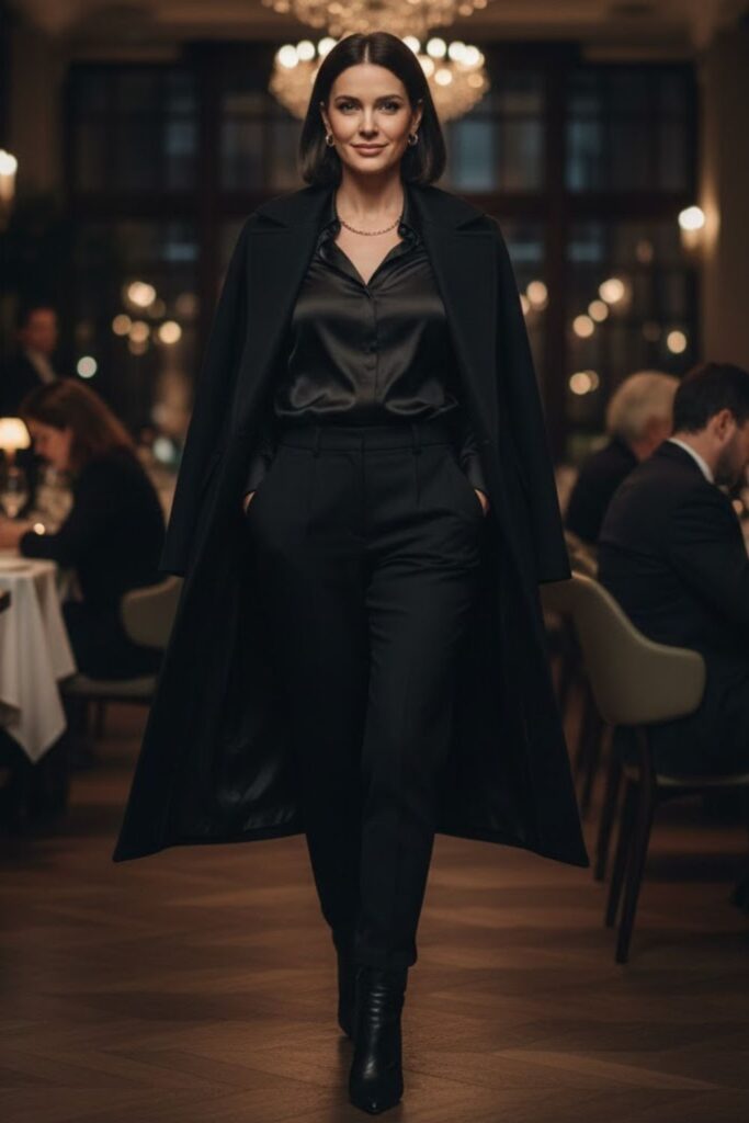 12. Satin Button-Down Shirt with Trousers and a Long Coat