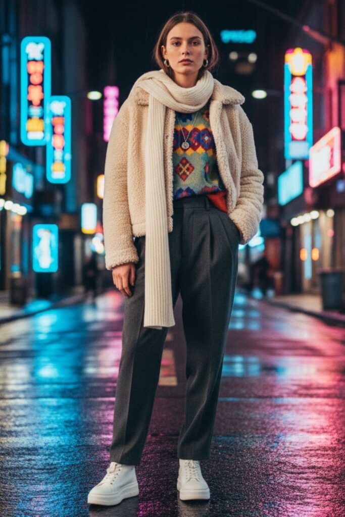 12. Teddy Jacket, Printed Sweater, Pleated Trousers & Warm Sneakers