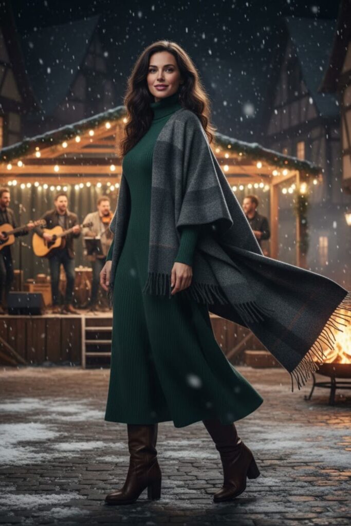 12. Turtleneck Midi Dress + Wool Cape or Poncho + Leather Boots