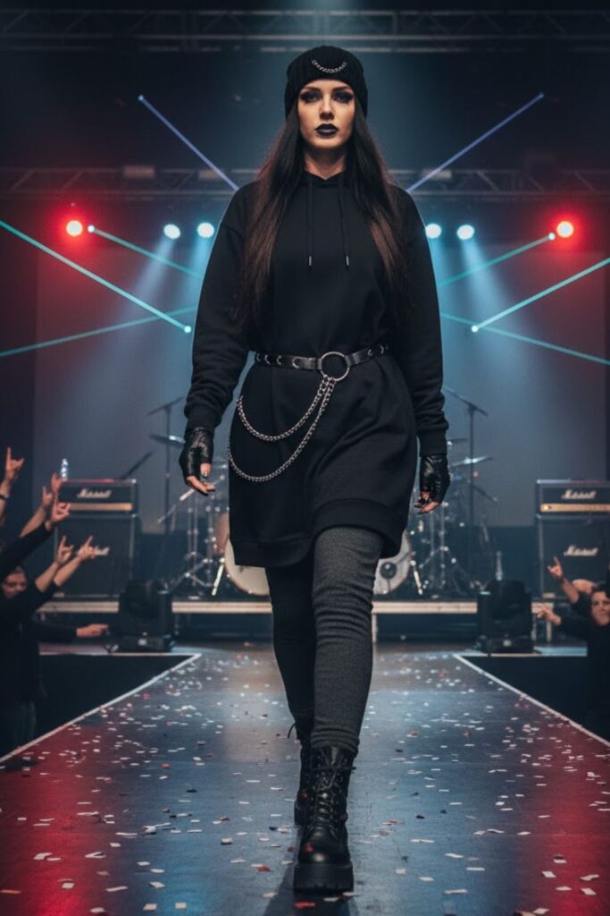13. Black Hoodie Dress + Thermal Tights + Chain Belt + Platform Boots