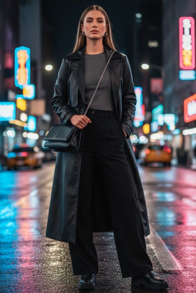 13. Faux Leather Trench, Knit Top, Wide-Leg Pants & Platform Loafers