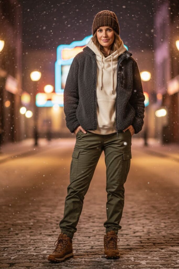13. Fleece Jacket + Thermal Hoodie + Jogger-Cargos + Hiking Sneakers
