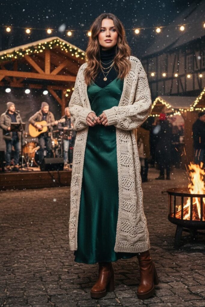13. Long Crochet Cardigan + Satin Slip Dress + Turtleneck Layer + Platform Boots