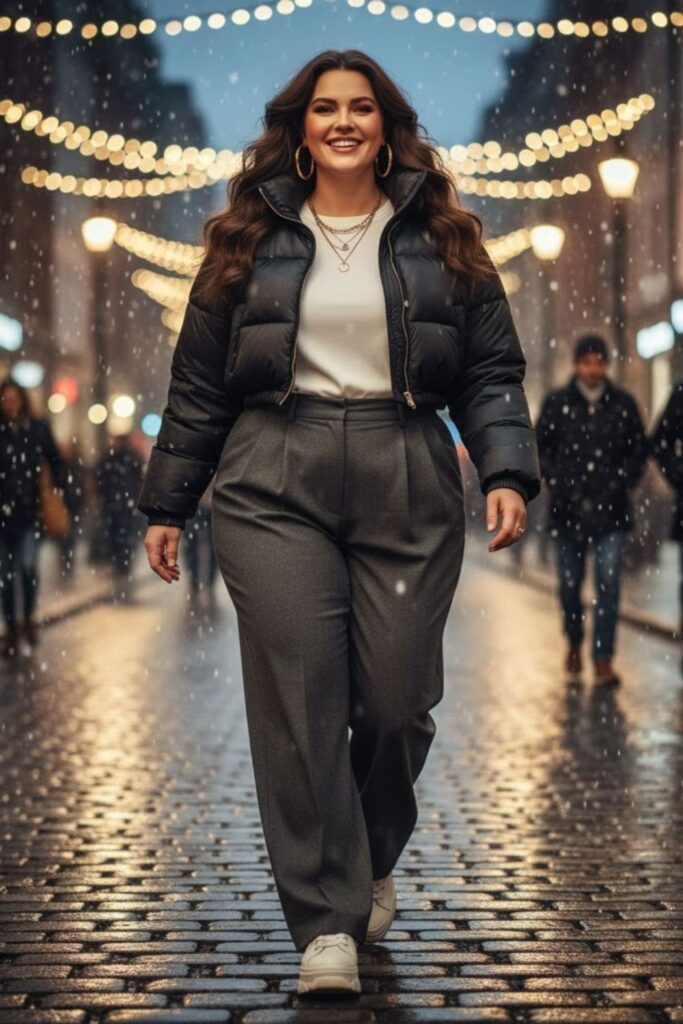 13. Puffer Coat with Wide-Leg Pants