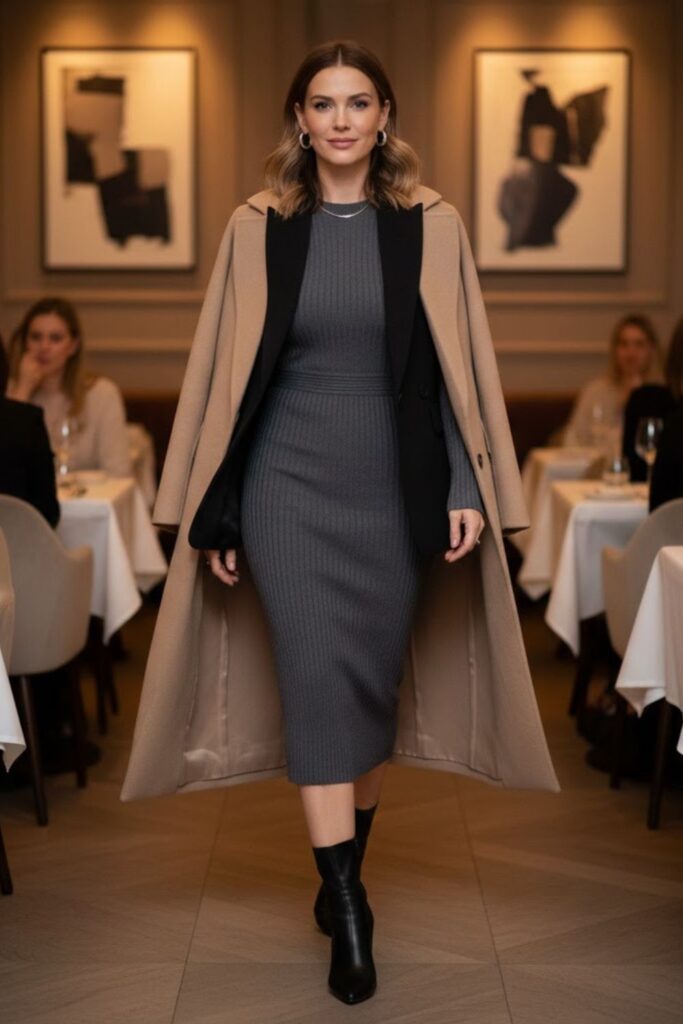 13. Ribbed Knit Dress with a Blazer and Heeled Boots