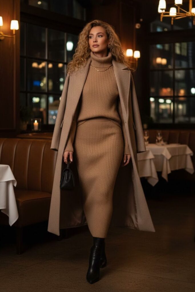13. Ribbed Knit Set with a Long Coat