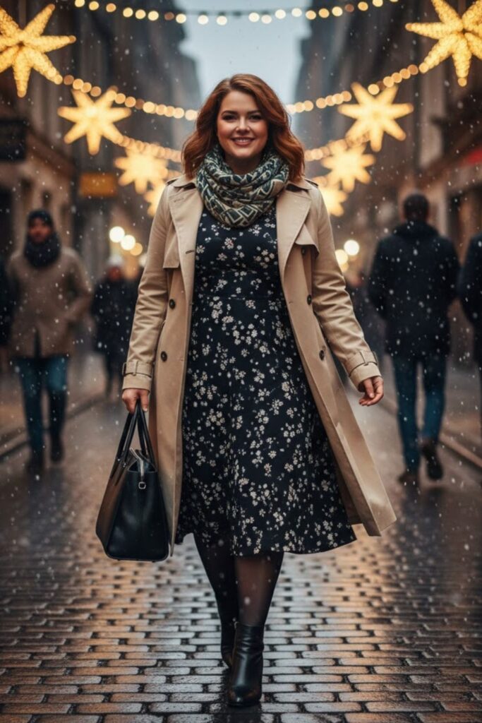 13. Trench Coat Over Dress and Scarf