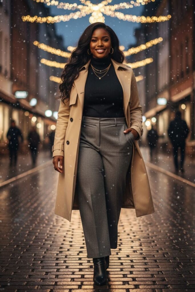 13. Trench Coat with Wide-Leg Pants