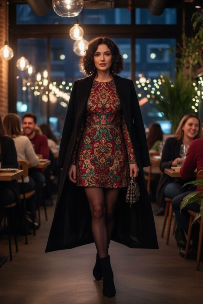14. Chic Mini Dress with Sheer Tights and Long Coat