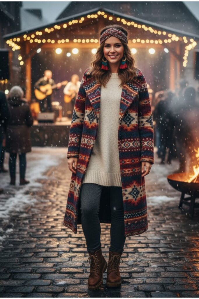 14. Ethnic Print Coat + Fleece Leggings + Knit Tunic + Ankle Boots