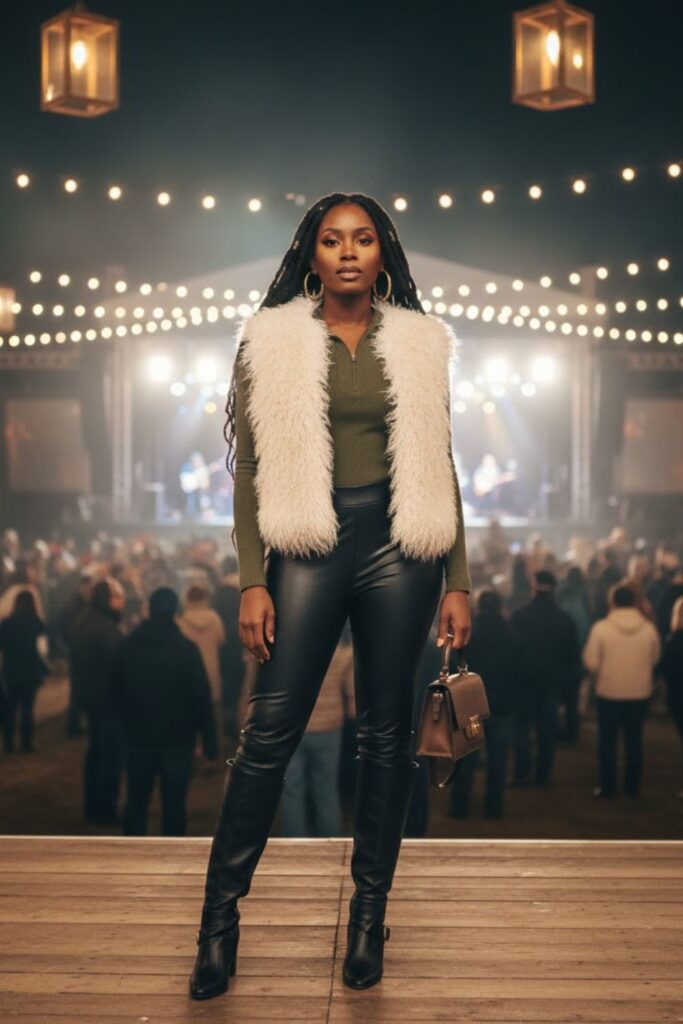 14. Faux Fur Vest + Thermal Long Sleeve + Vegan Leather Leggings + Knee Boots