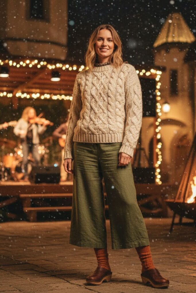14. Handmade-Style Sweater + Linen-Blend Trousers + Thick Wool Socks + Clogs or Leather Slip-Ons