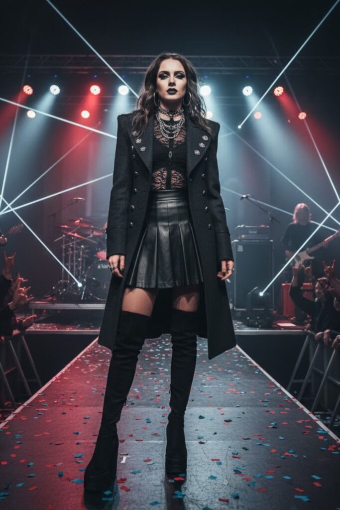 14. Military Coat + Lace Top + Leather Mini + Over-the-Knee Boots