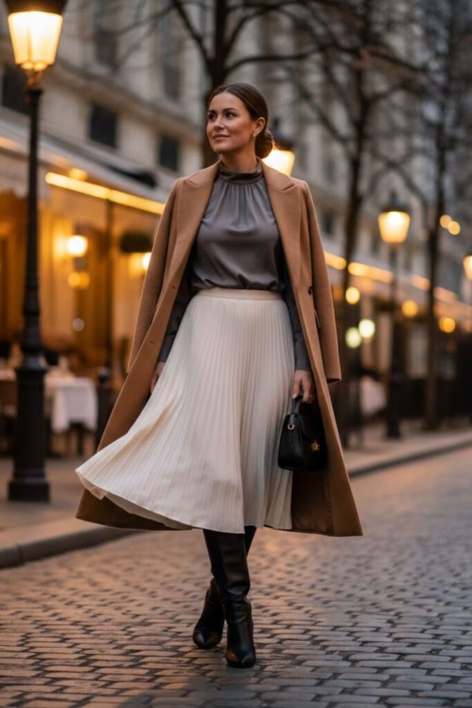 14. Pleated Midi Skirt with a High-Neck Blouse and Coat