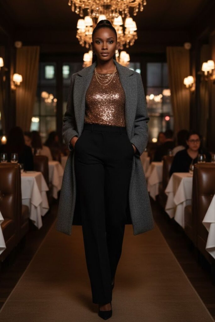 14. Sequin Top with Tailored Pants and Heels