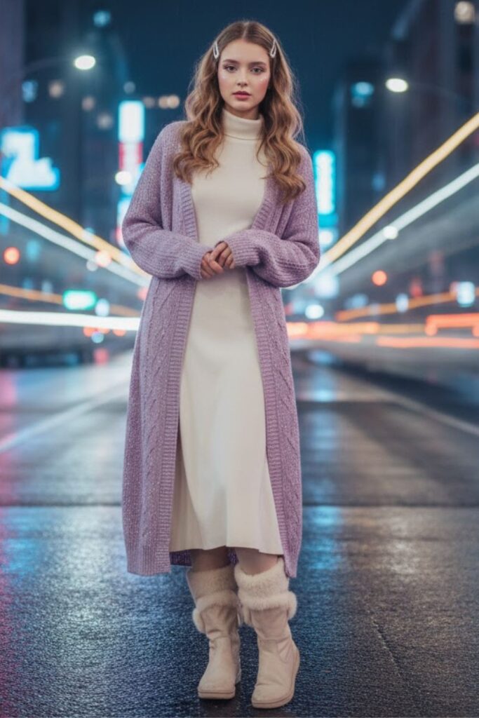 14. Sparkle Knit Cardigan, Turtleneck Dress, Thermal Tights & Fur-Trim Boots
