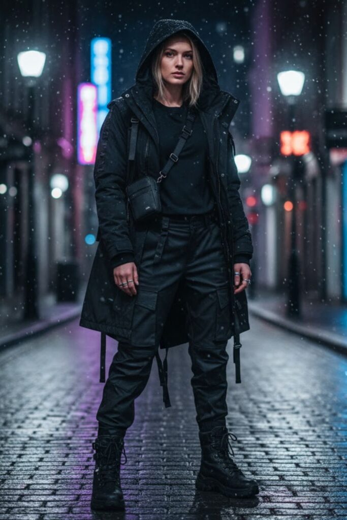 14. Techwear Parka + Layered Tee + Waterproof Pants + Tactical Boots