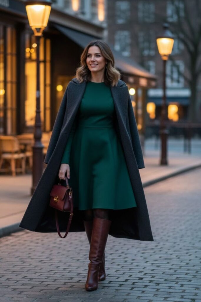 15. A-Line Dress with Tights, Boots, and a Structured Coat
